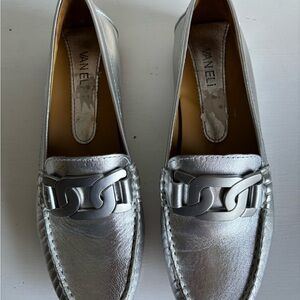 Vaneli Silver Metallic Loafers with Chain Detail